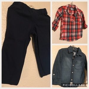 Blue pants and two long sleeve button up shirts.